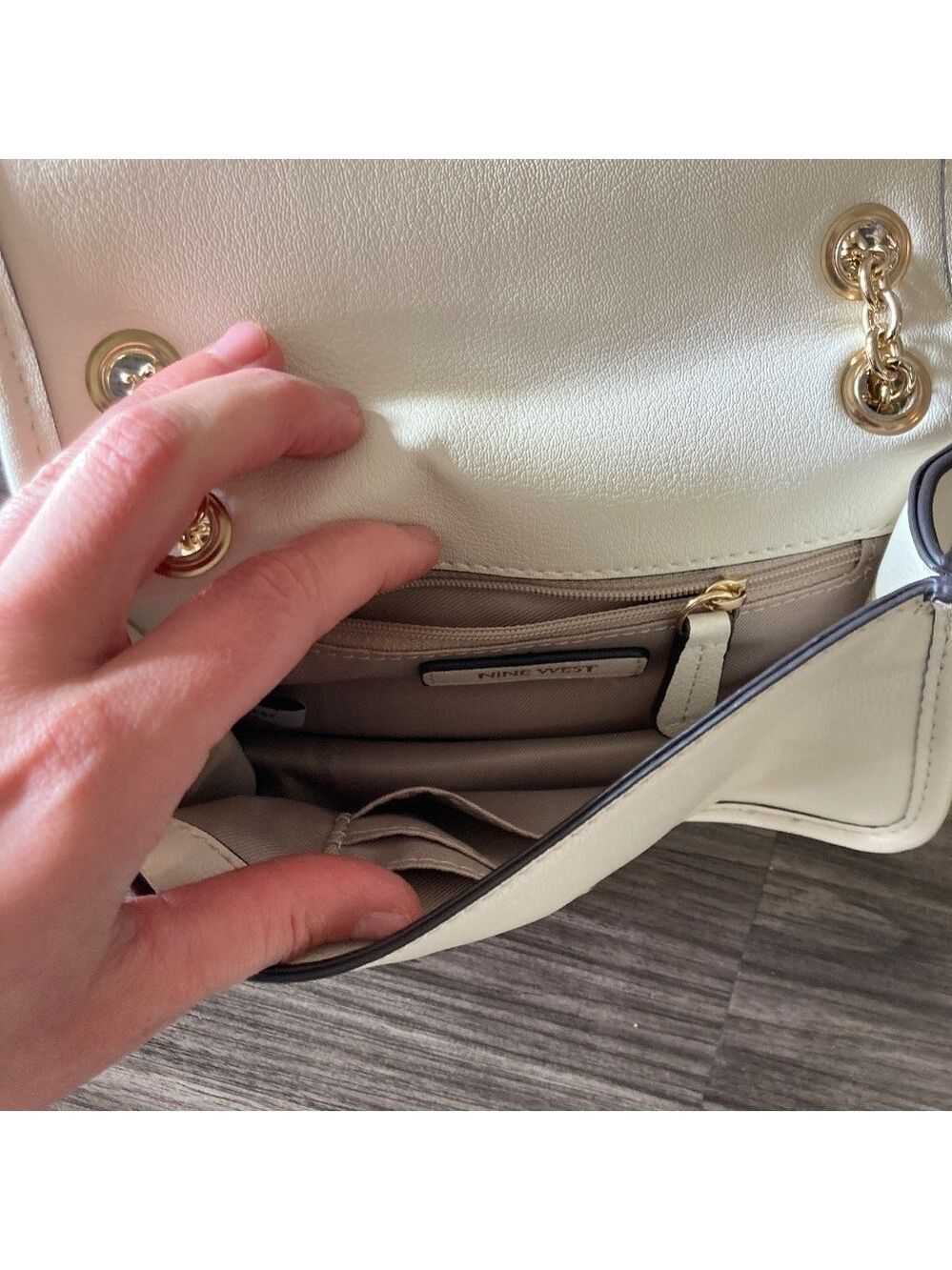 Nine West Saoirse Mini Convertible Crossbody Flap Bag in Cream with Gold - Picture 9 of 13